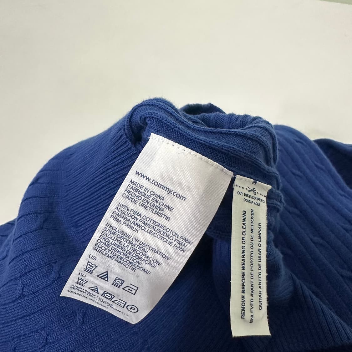 우먼XS 타미힐피거 딥브루 얇은 피마코튼 브이넥 꽈배기니트 상품이미지5