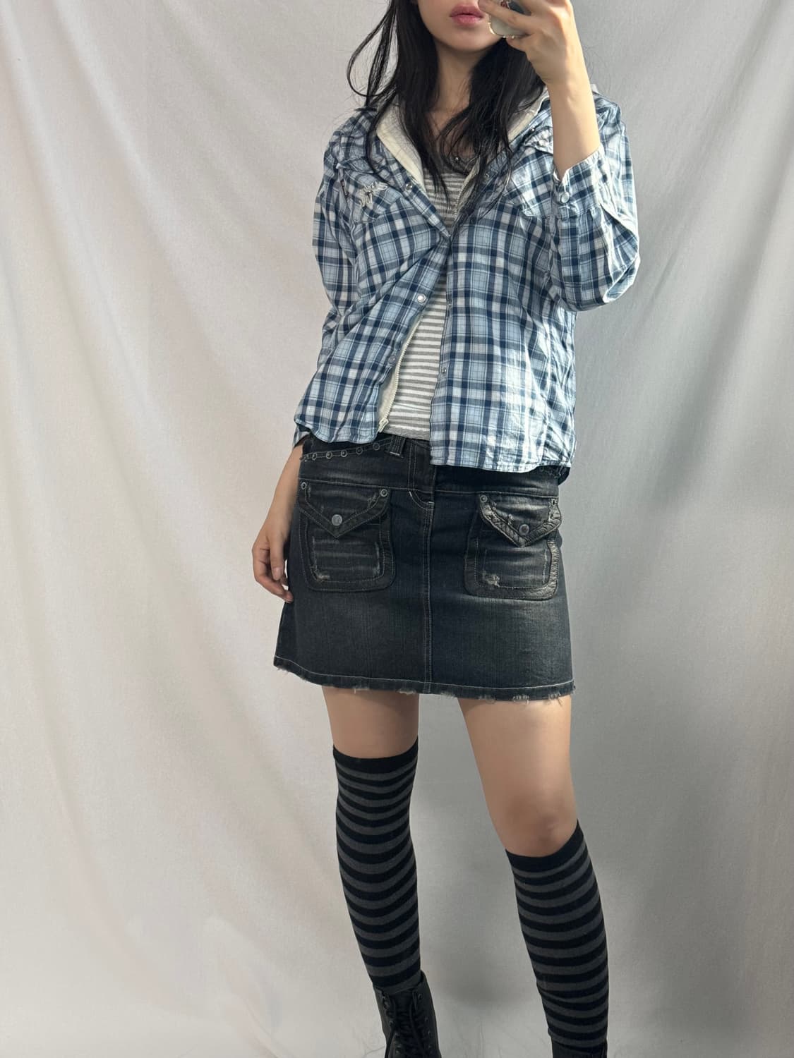 레이어드 체크 패컨 후디드 셔츠 집업 상품이미지7