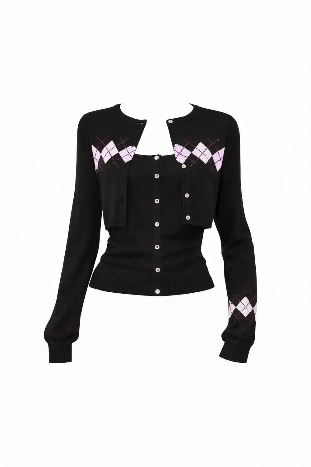 아가일 크롭 니트 가디건 투피스세트 (블랙) 상품이미지2