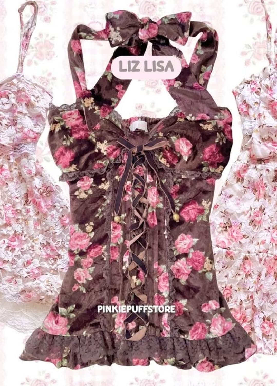 Liz lisa 고전 리즈리사 히메카지 플로럴 빅리본  홀터탑 라떼갸루 상품이미지10