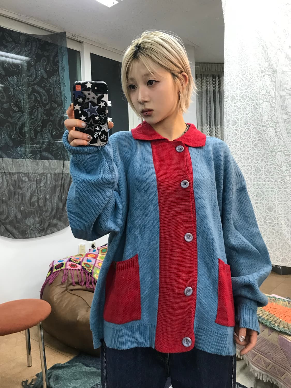 WAI KEI 투톤 배색 니트 가디건  상품이미지2