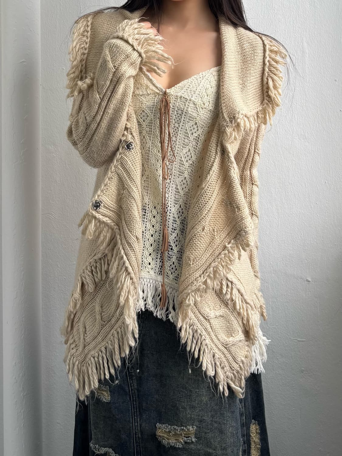 Vintage Fringe Knit Cardigan 상품이미지1