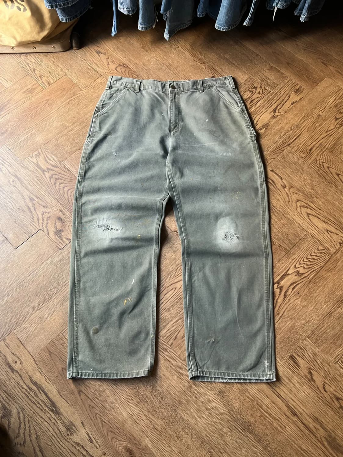 [38]칼하트 USA 모스그린 싱글니 빈티지 워싱 워크팬츠 상품이미지1