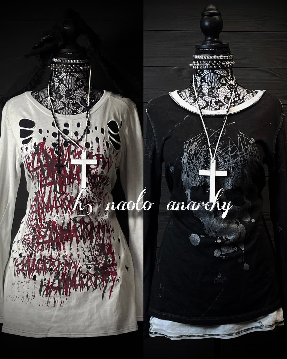 H. NAOTO ANARCHY 펑크 데미지 스컬 해골 양면 롱슬리브 상품이미지1