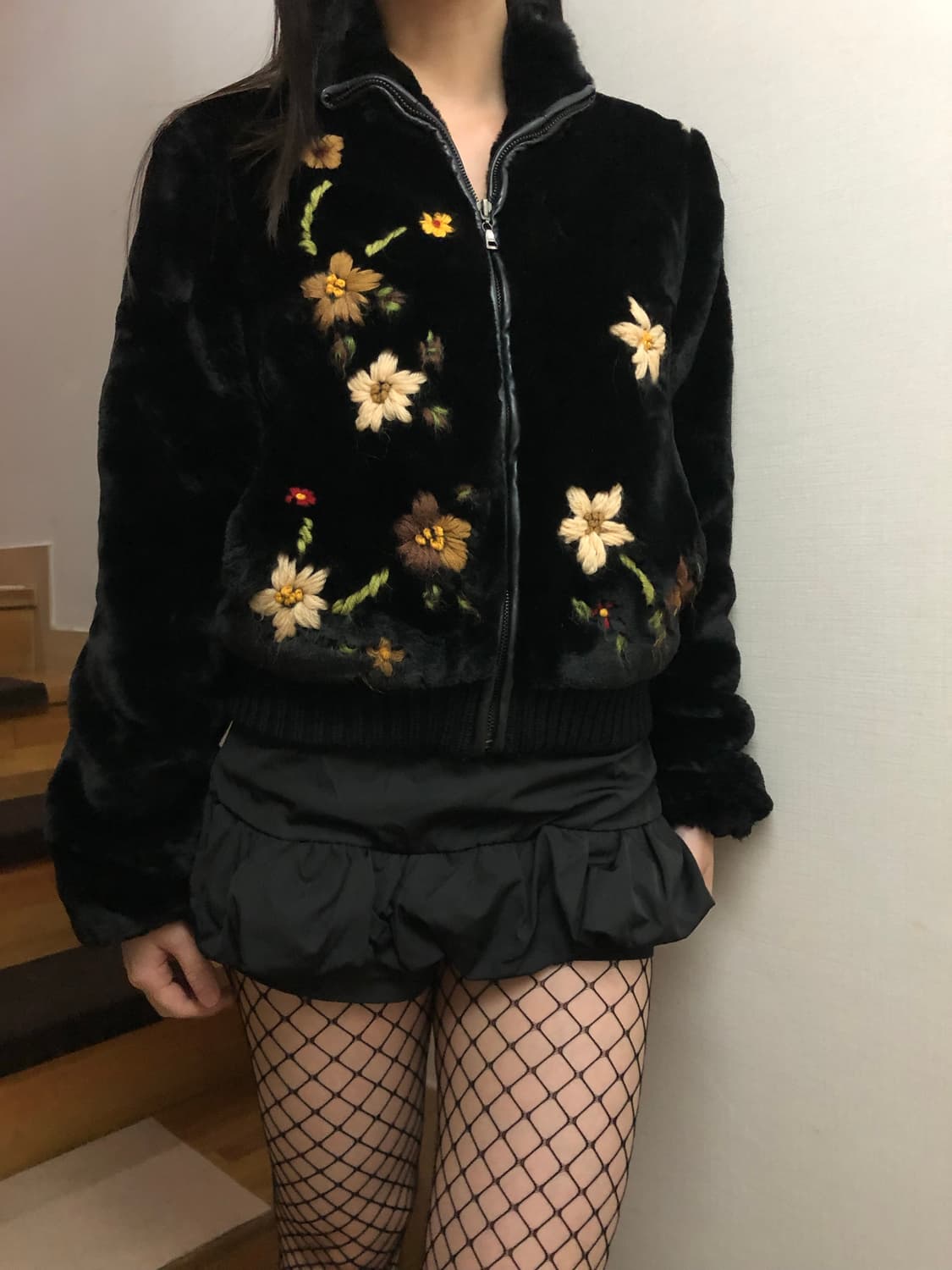 빈티지 ozoc 플라워 자수 에코 퍼 집업 상품이미지4