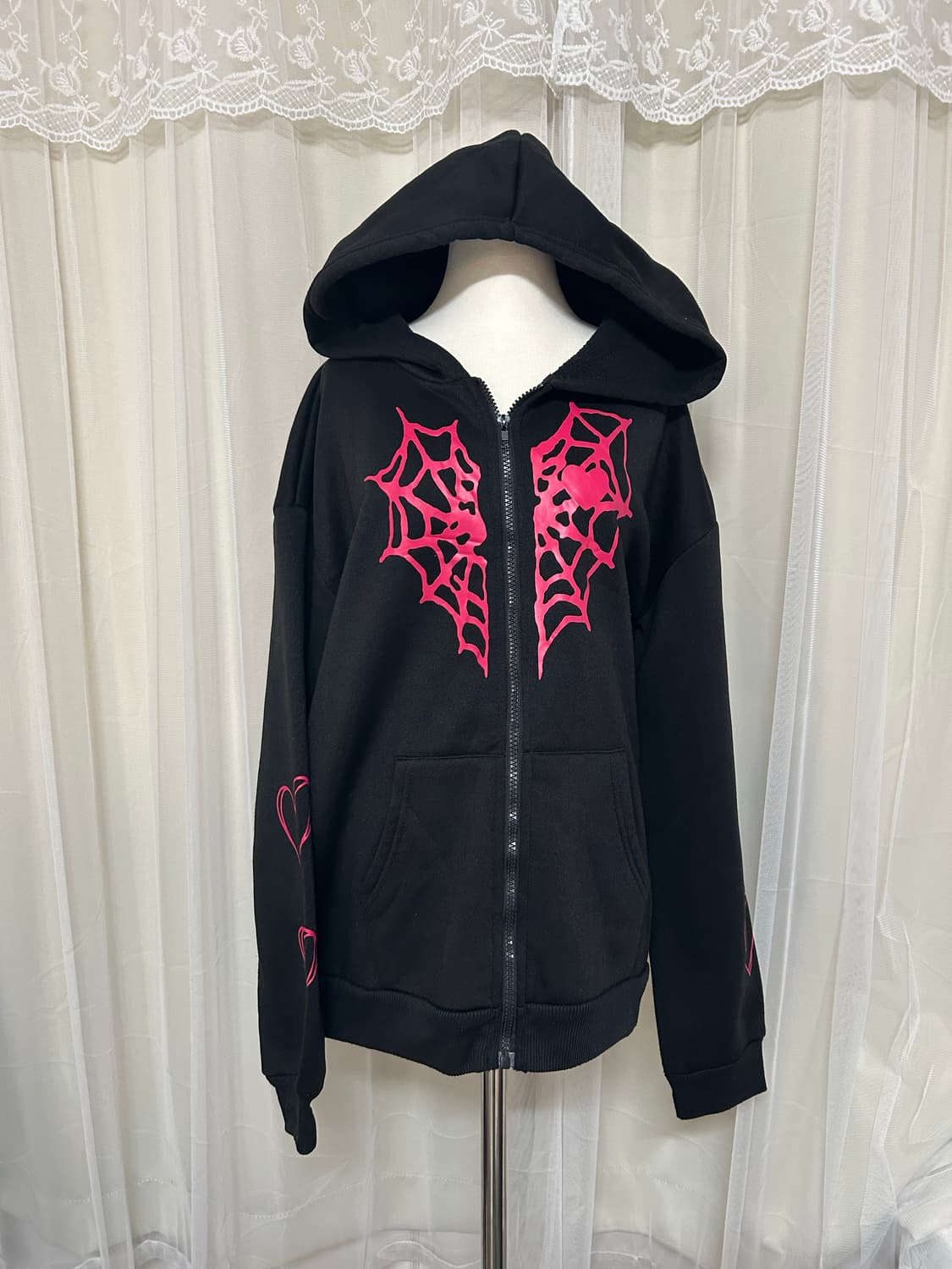 펑크 블랙&핑크 거미줄포인트 블랙 후드집업 상품이미지1