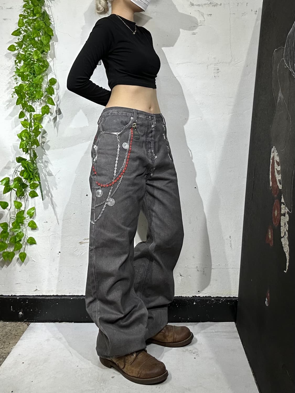 NONRADICAL 논래디컬 3D 체인 프린팅 힙합 와이드 데님 팬츠 상품이미지1