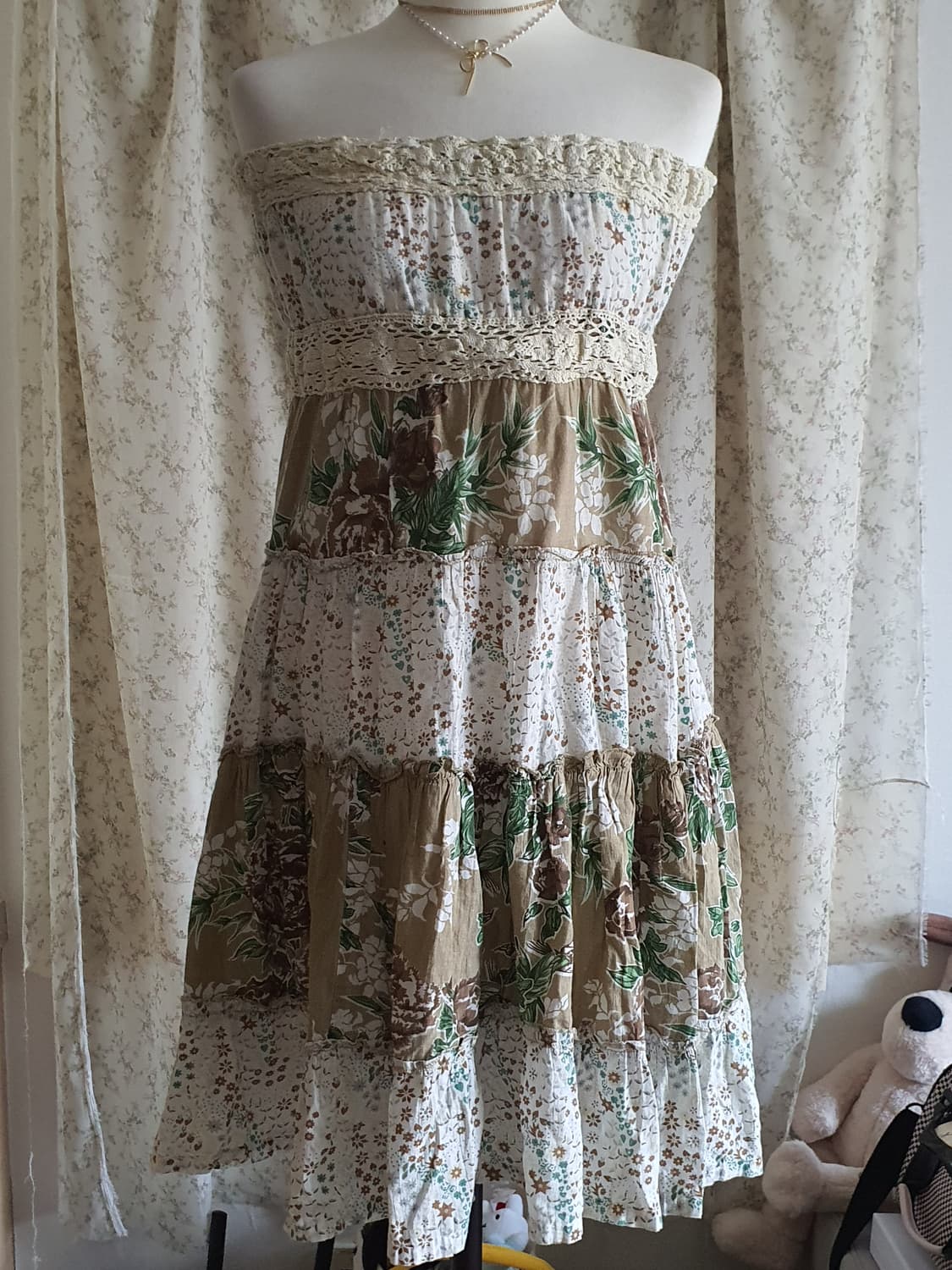 [모리걸-리폼완료] 패치워크 롱스커트 플라워 패턴 캉캉 튜브탑 원피스 상품이미지3