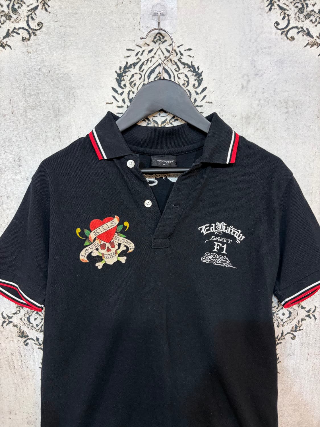 에드하디 Ed Hardy 스컬 자수 레터링 카라 숏슬리브 상품이미지5