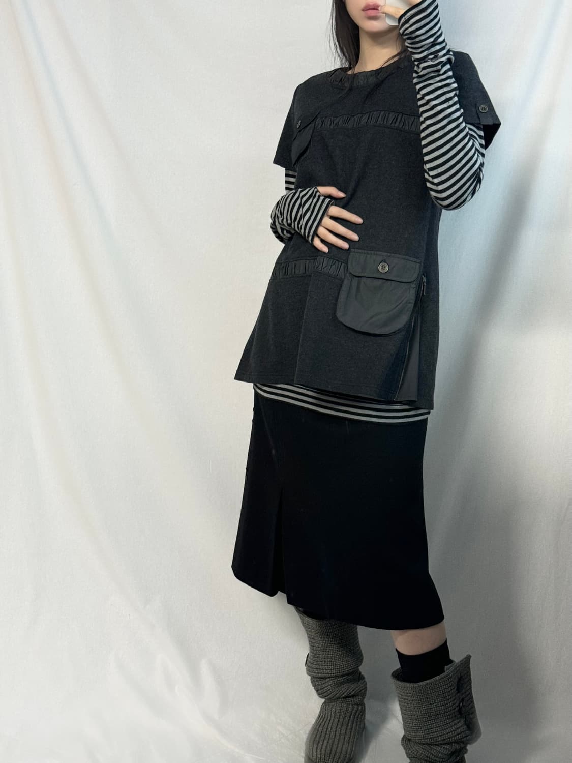 사이드 지퍼 핸드워머 셔링 탑 울 스커트 3pcs SET 상품이미지4