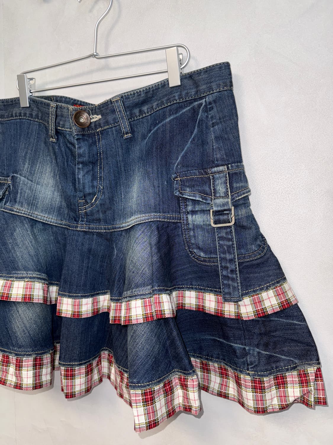 Denim belted pocket check cancan skirt 상품이미지3
