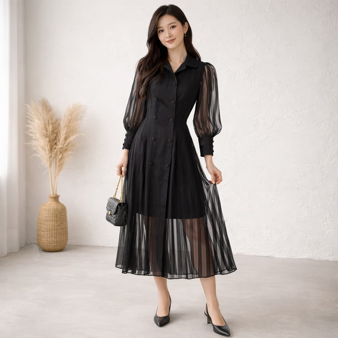 VanNzilL 블랙 시스루 프릴 카라 롱 원피스 F 상품이미지1