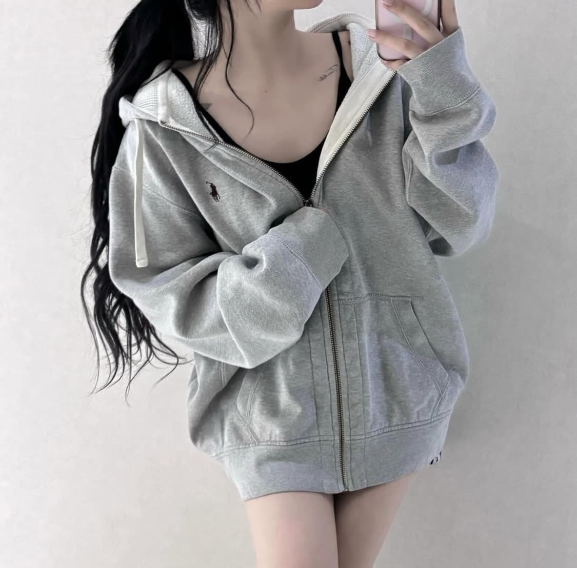 폴로 그레이 기모 후드집업 상품이미지1