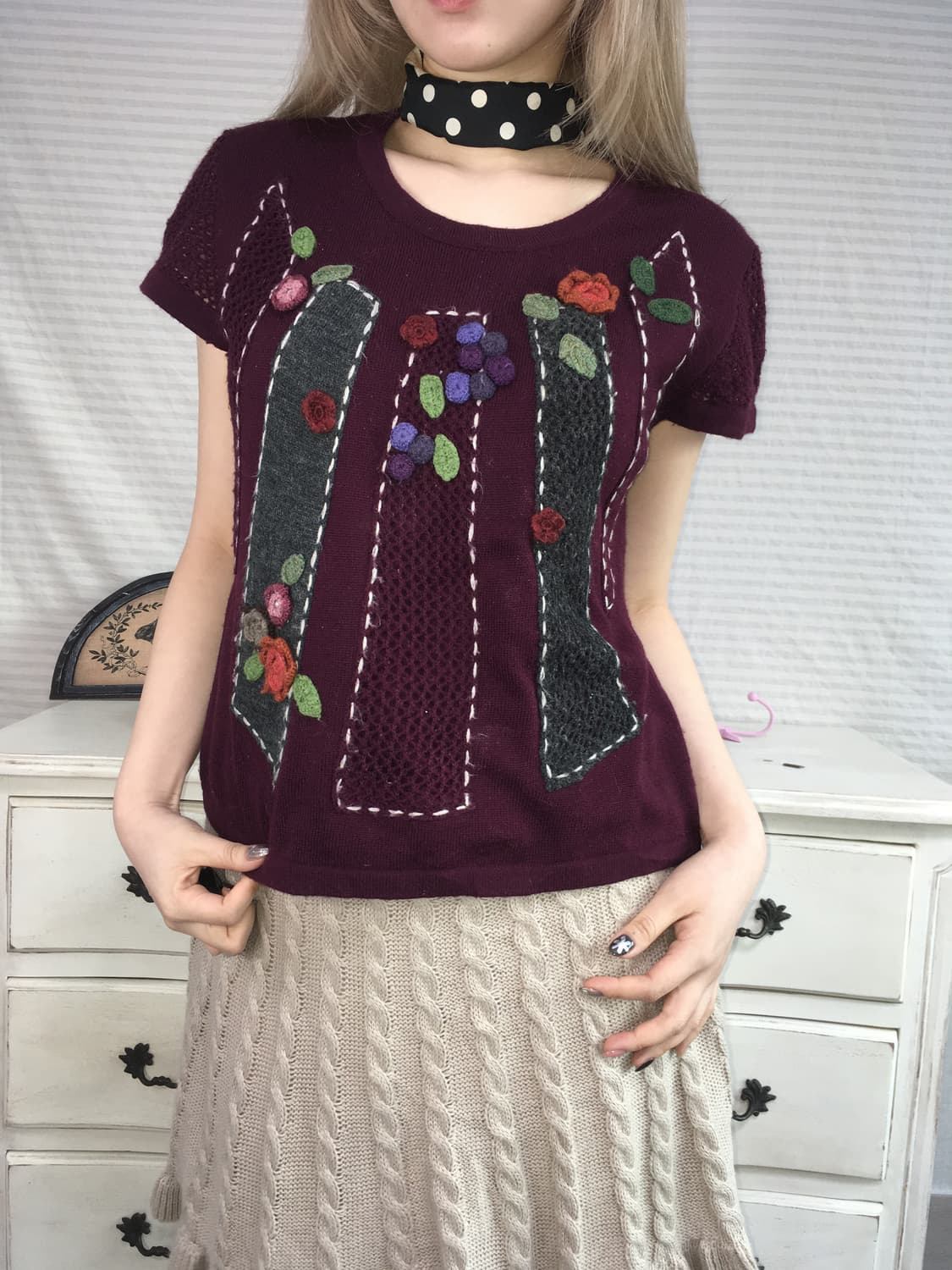 일본빈티지 딥퍼플 자수 크로세 니트 상품이미지1