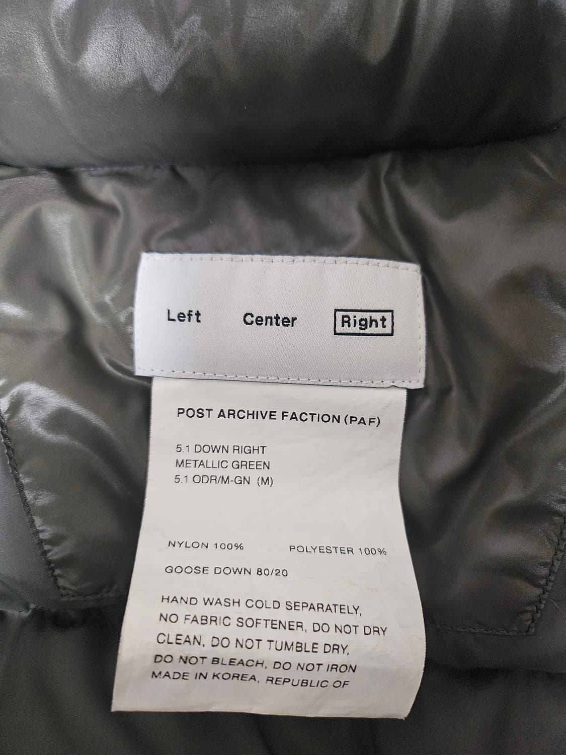 post archive faction 5.1 다운자켓 메탈릭그린 상품이미지4