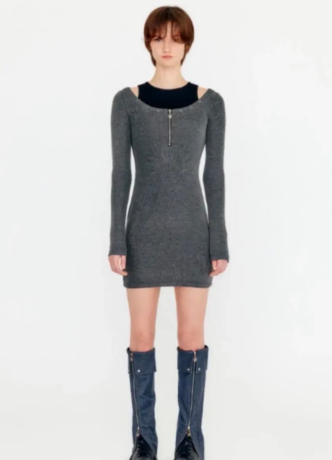 Yuse 컷아웃 레이어드 아일렛 드레스 차콜 상품이미지1