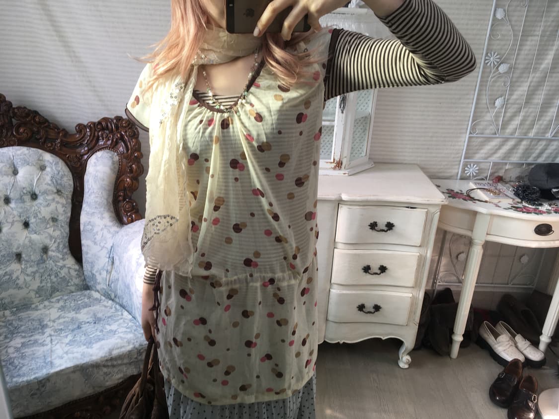 Set) 일본빈티지 도트 블라우스 + 브라운 스트라이프티 상품이미지5