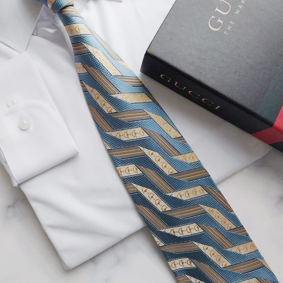 구찌 실크 블루 홀스빗 자카드 넥타이 9.6cm A+등급 K1478
 상품이미지9