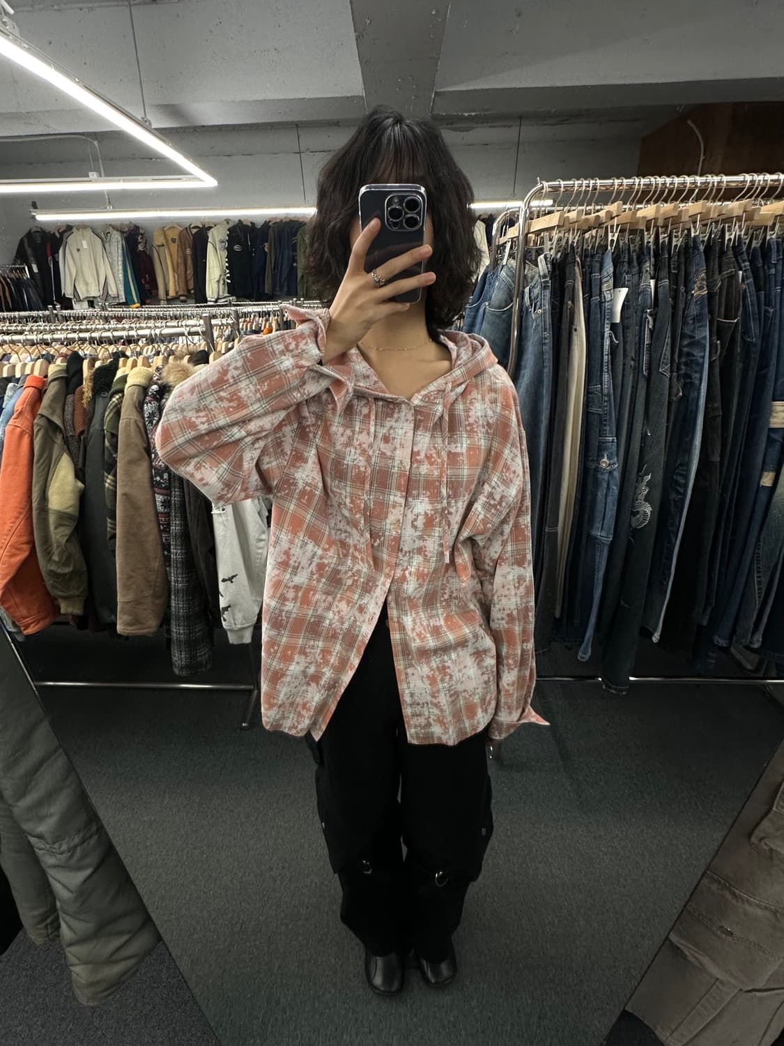 OS)빈티지 그런지 오버핏 후드 체크 셔츠 상품이미지1