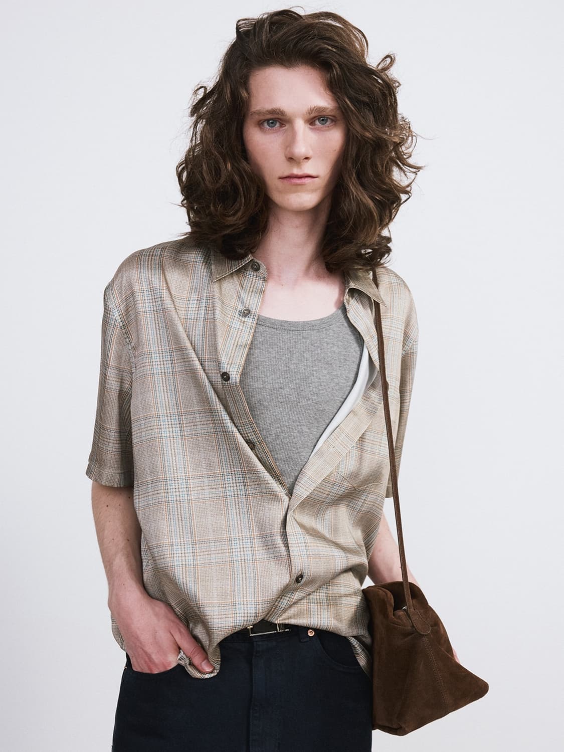 렉토 26SS 70S 빈티지 체크 셔츠 베이지 카키 상품이미지1