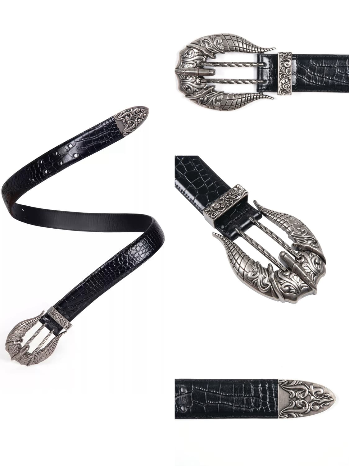 Crocodile-Embrossed Waxed Leather Belt 상품이미지1