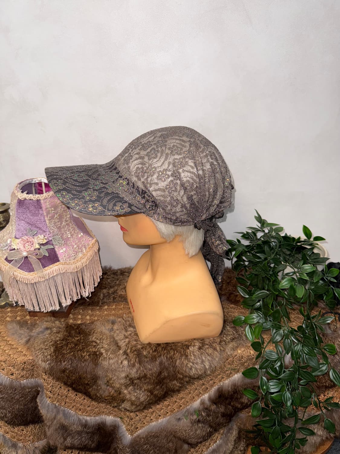 Gray glitter floral lace scarf ball cap 상품이미지2