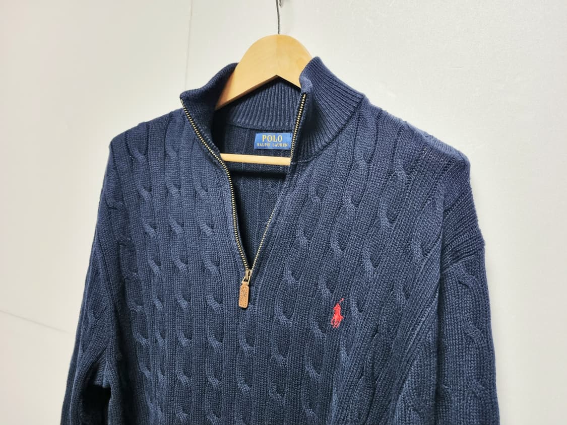 남성 2022 폴로 QR인증 하프집업 네이비 케이블 꽈배기 긴팔 니트 상품이미지1