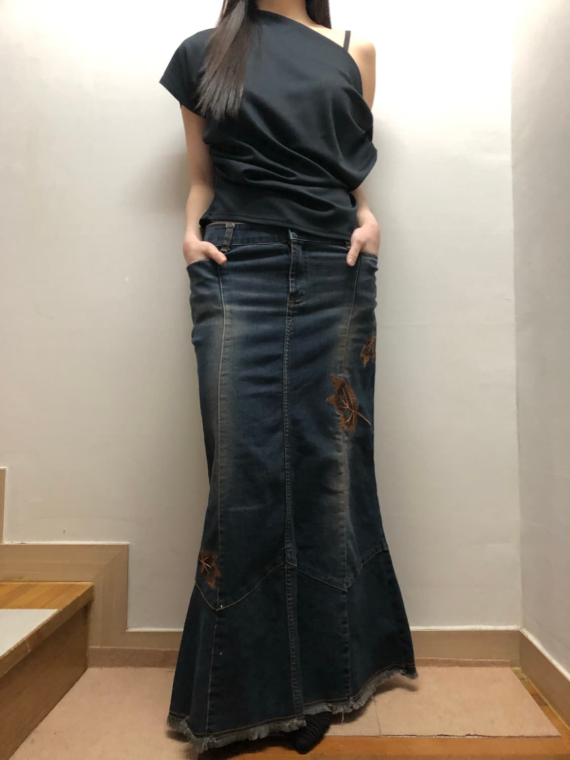 빈티지 데님 오리엔탈 플라워 롱 스커트 상품이미지4
