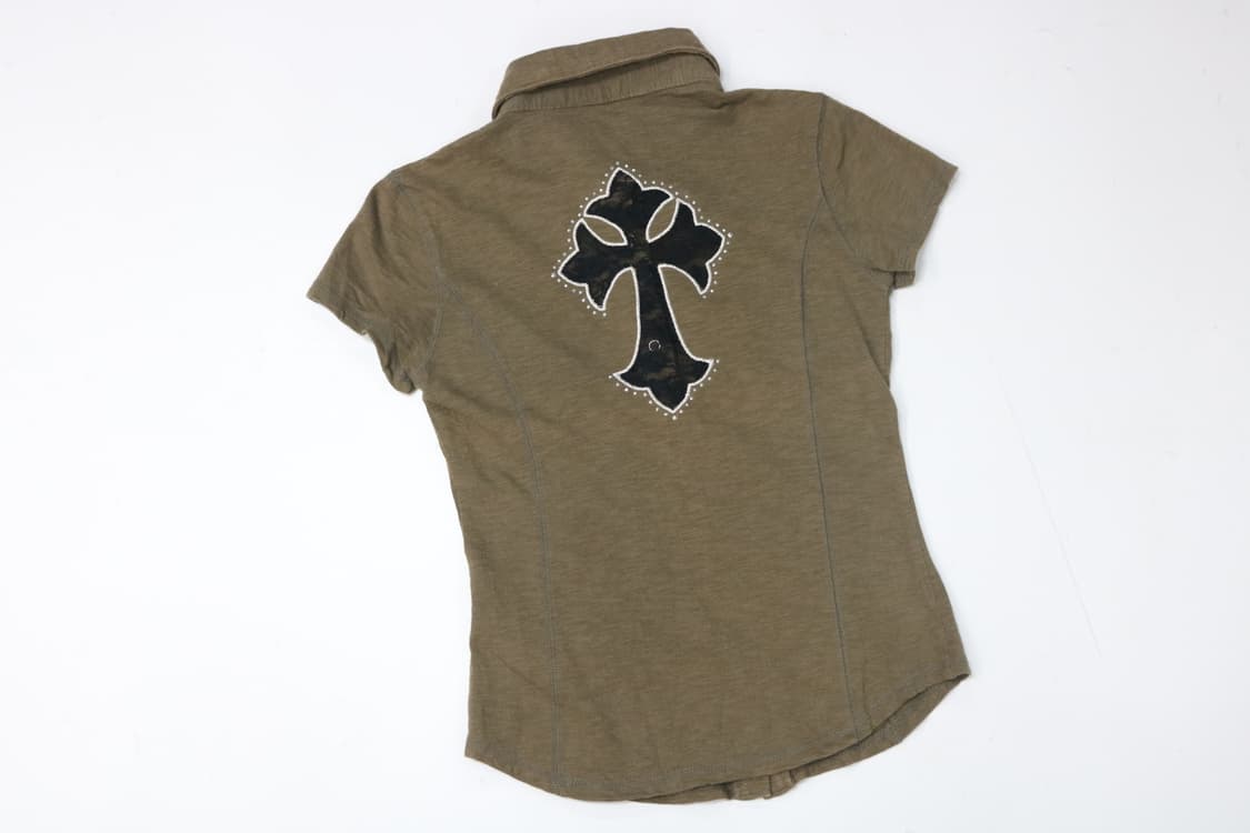 INCEDE 인세이드 빈티지 카키 십자수 스터드 반팔 셔츠 상품이미지2