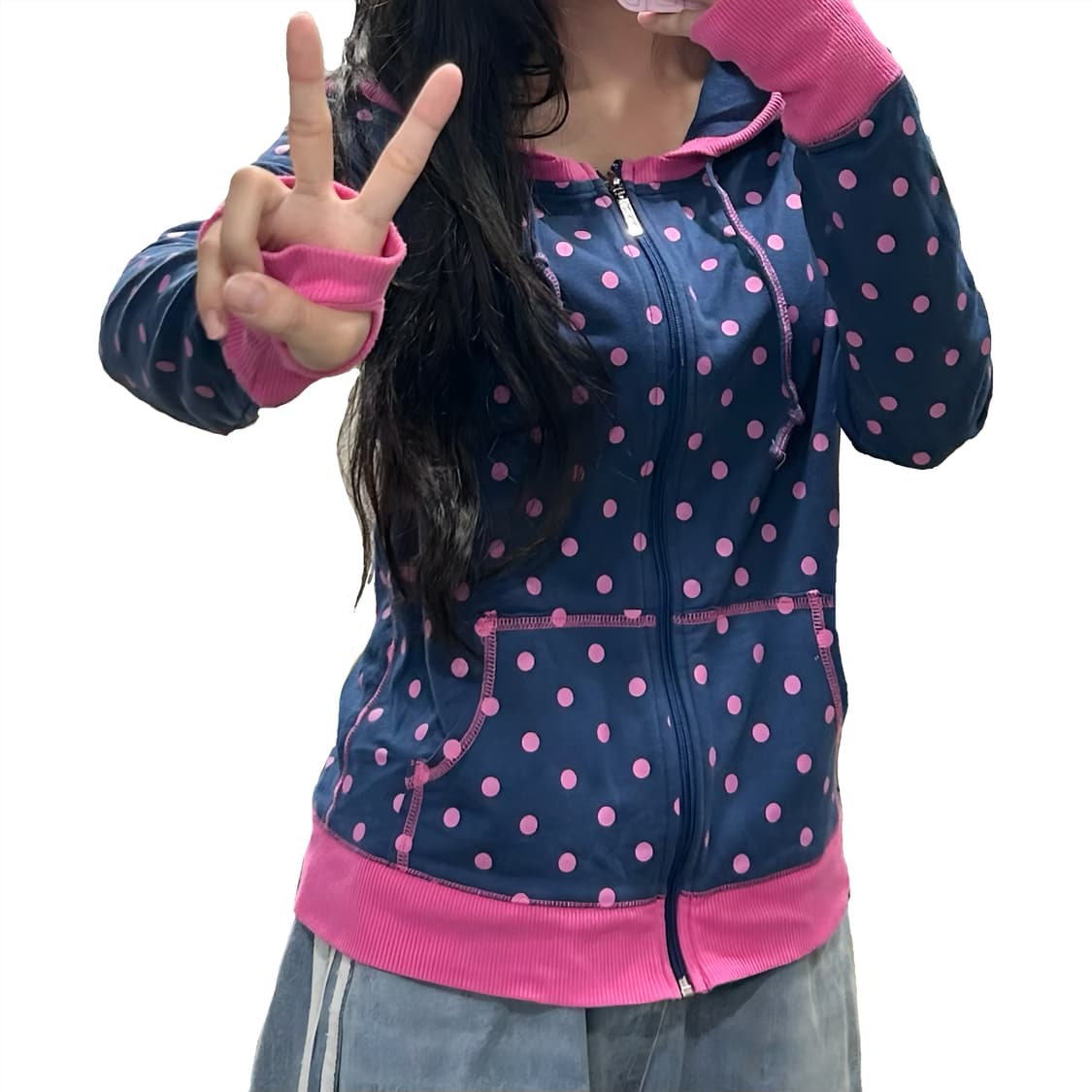 빈티지 핑크도트 네이비 후드집업 상품이미지2