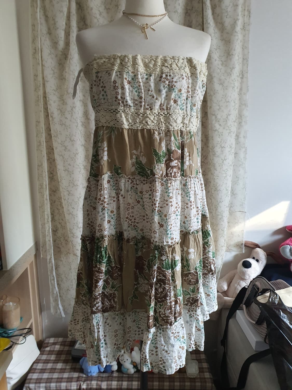 [모리걸-리폼완료] 패치워크 롱스커트 플라워 패턴 캉캉 튜브탑 원피스 상품이미지8