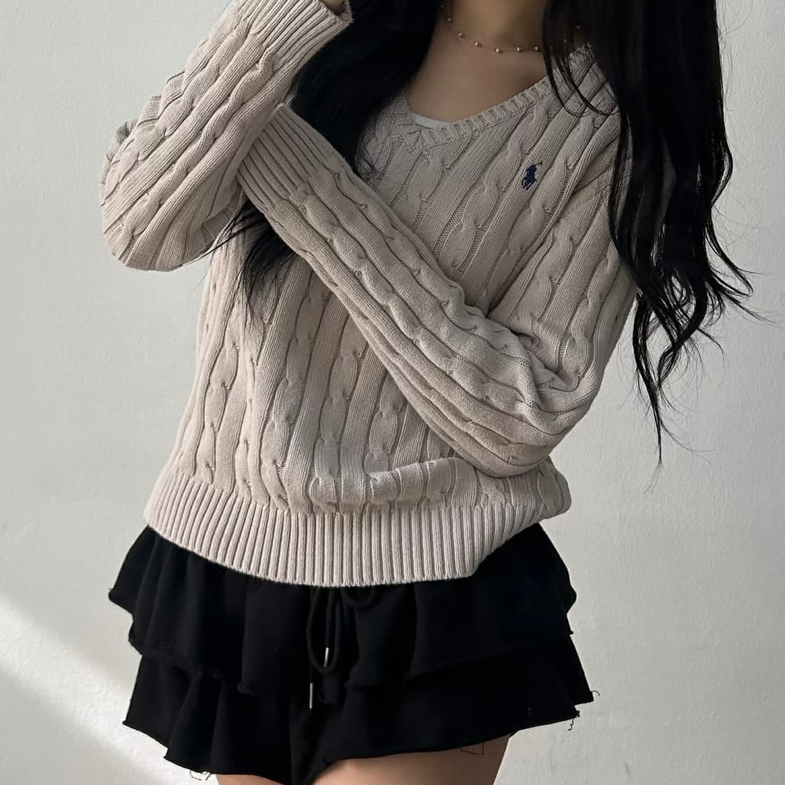 폴로 랄프로렌 연그레이 케이블 걸즈 브이넥 코튼 니트(L) 상품이미지2