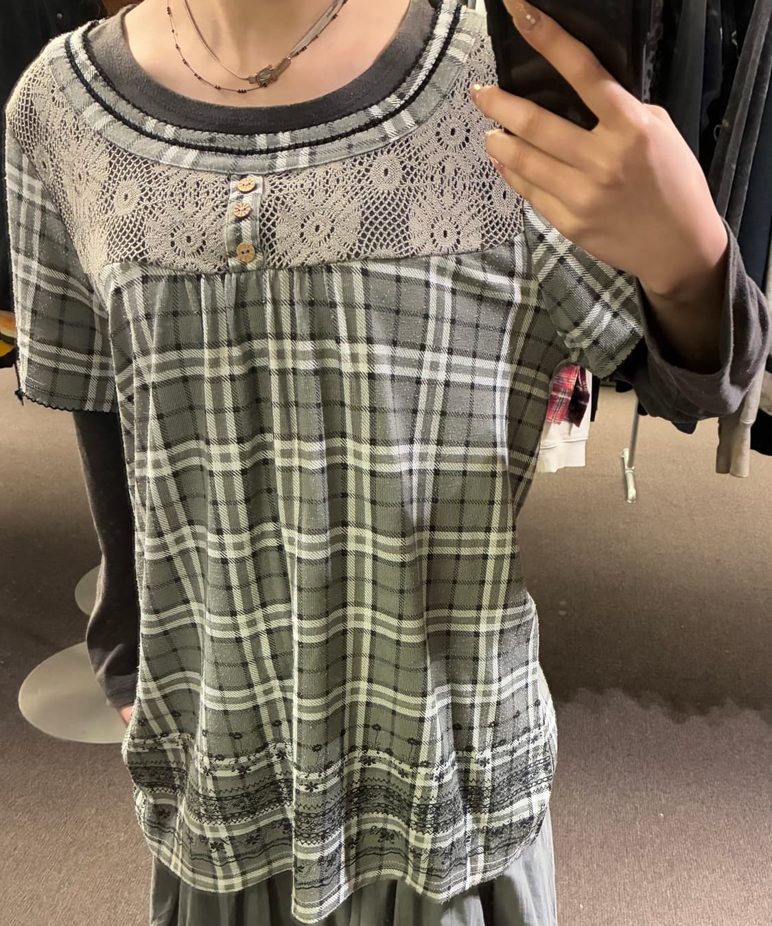 3L) Japanese vintage 여성 레이어드 체크무늬 롱 슬리브 상품이미지2