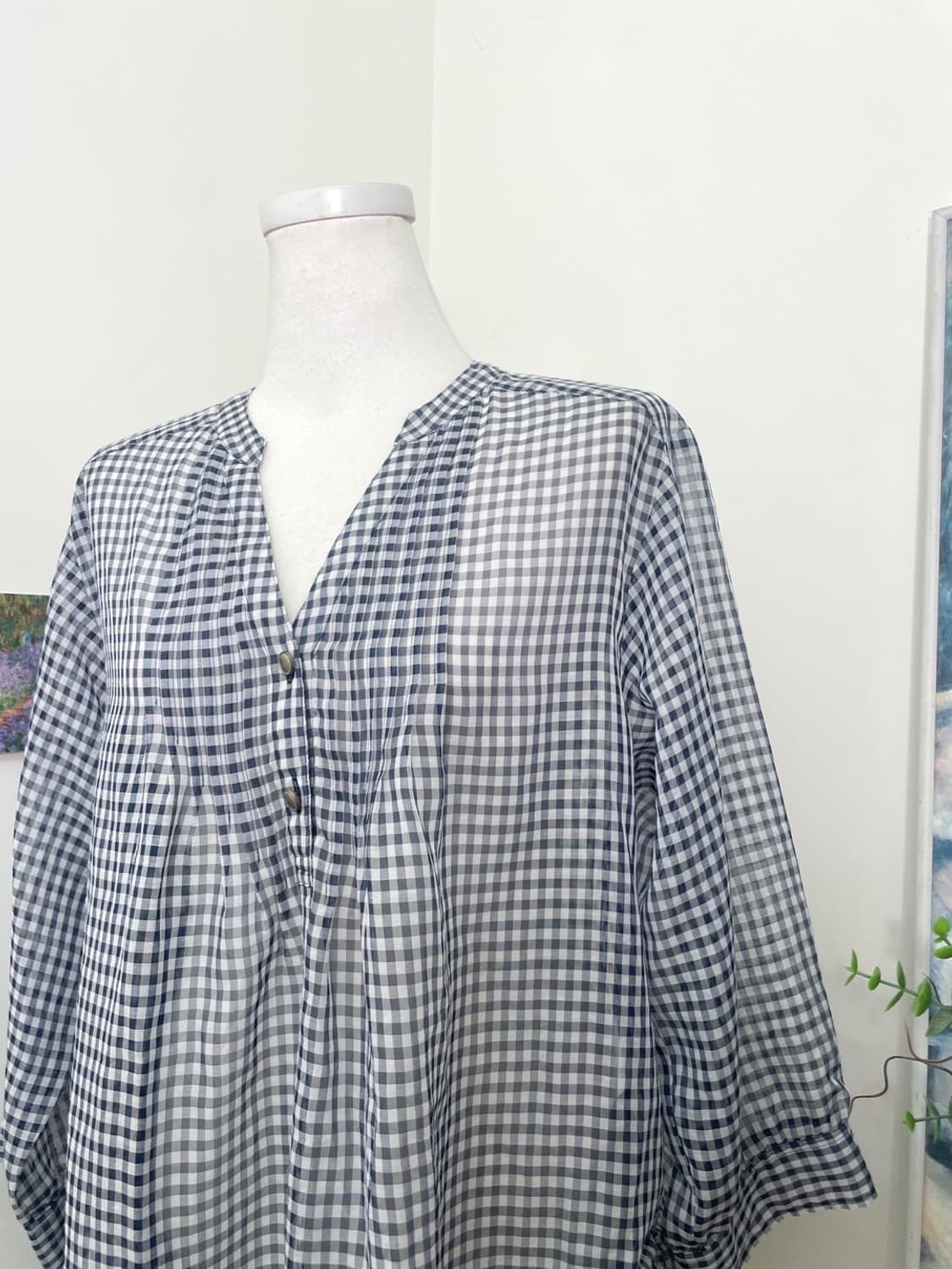 navy check side bow loose chiffon blouse 상품이미지7