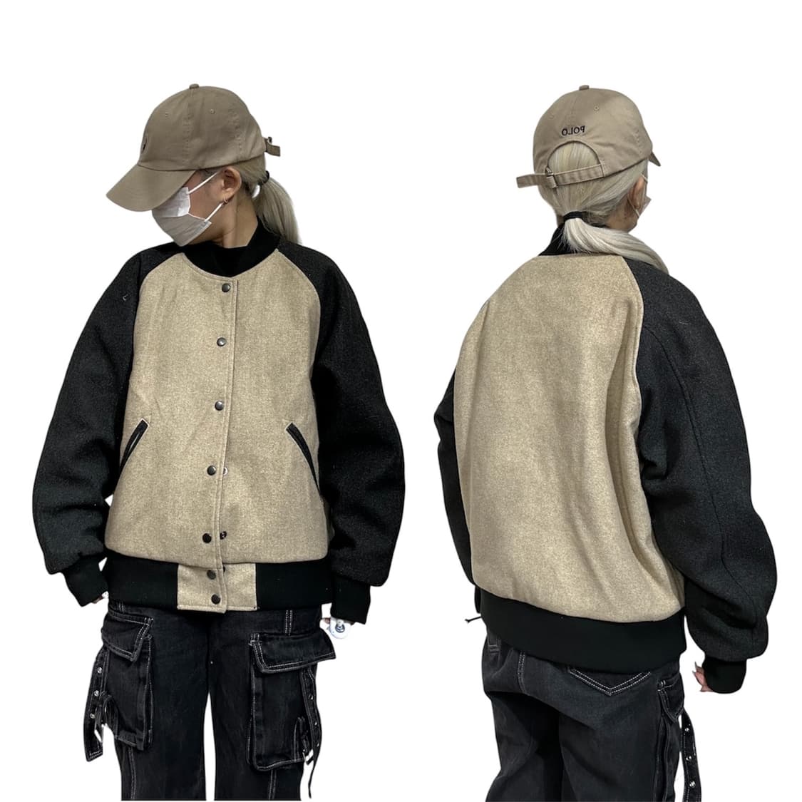 일본 빈티지 베이지 블랙 바시티 스타디움 자켓  상품이미지1