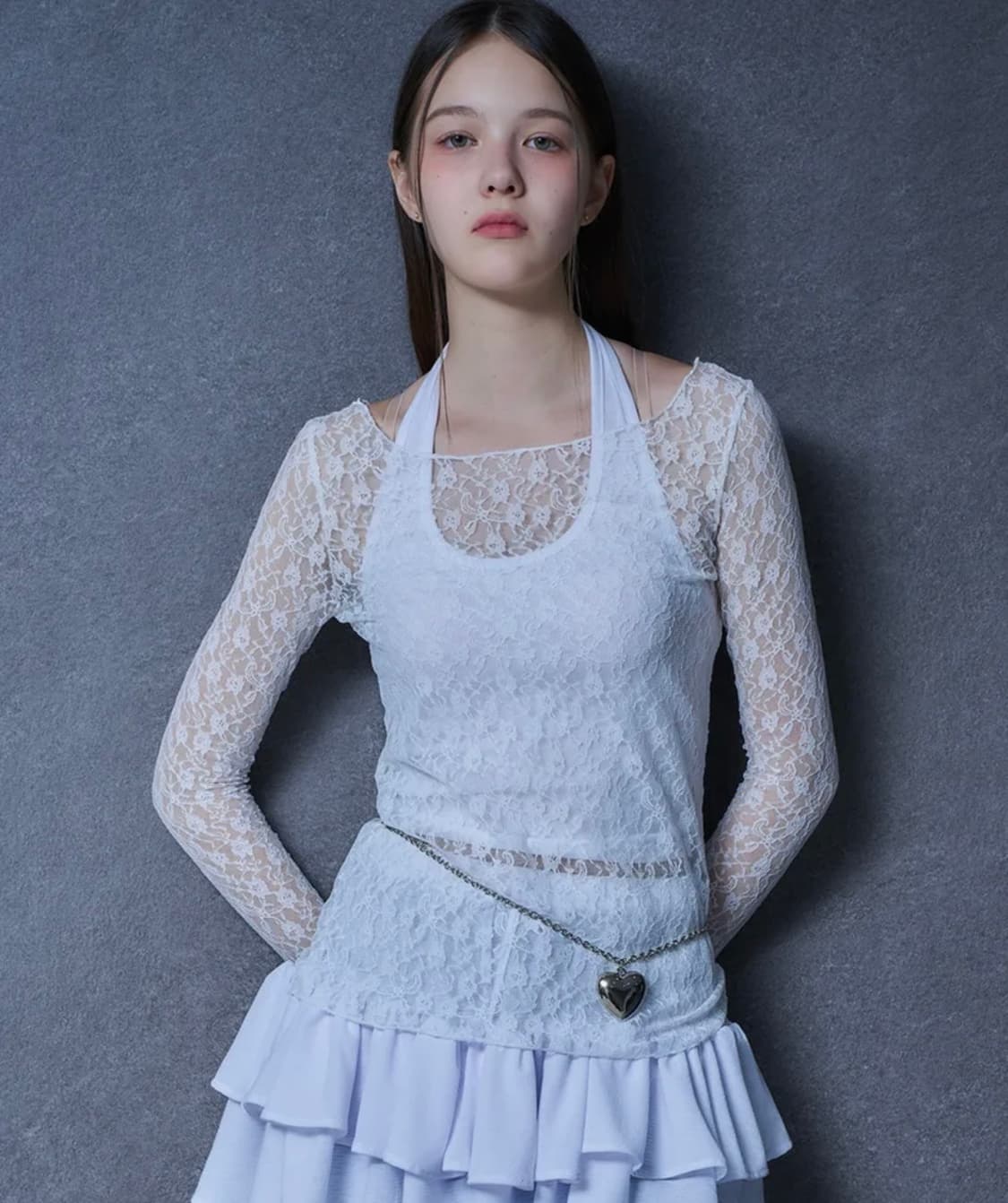 콜릿 시스루 링클 레이스 긴팔 티셔츠 상품이미지1