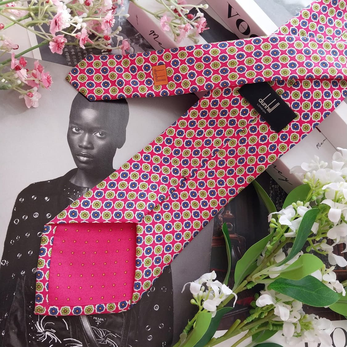 던힐 실크 핑크 플라워 패턴 넥타이 9.3cm A+등급 K2476 상품이미지5