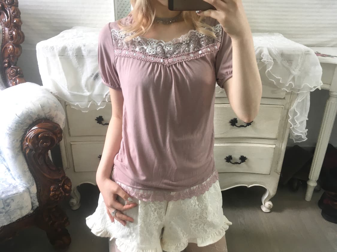 일본빈티지 히메 핑크 레이스 아일렛 퍼프 티셔츠 상품이미지1