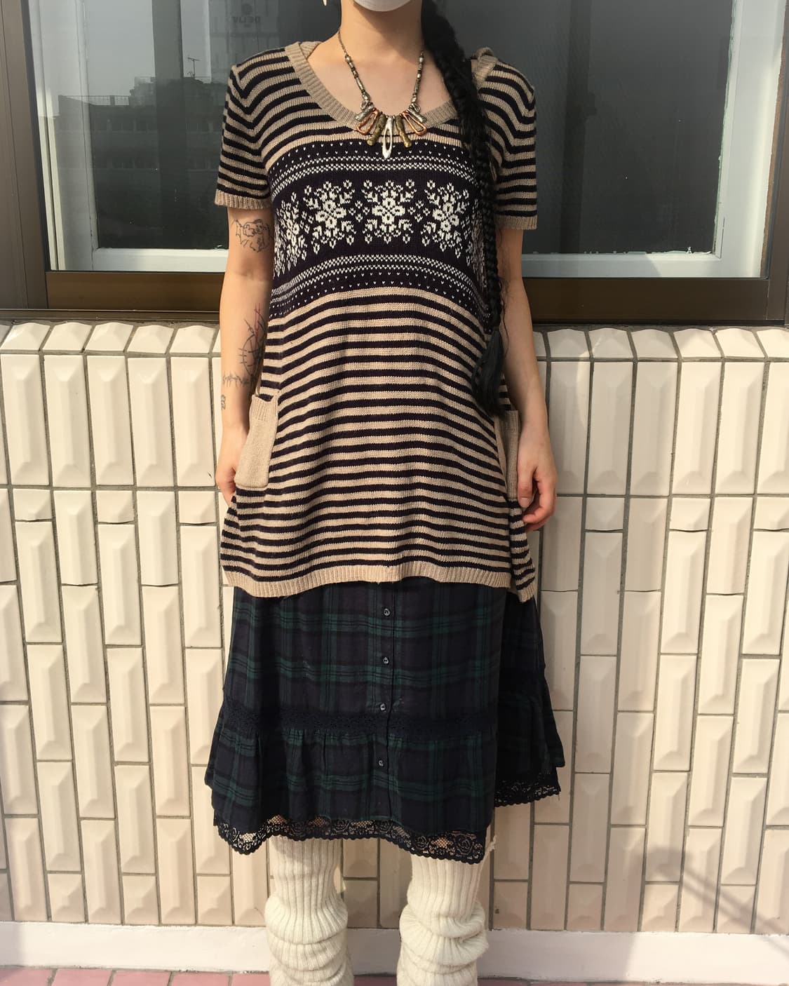 snow stripe pattern mixed knit onepiece 상품이미지6