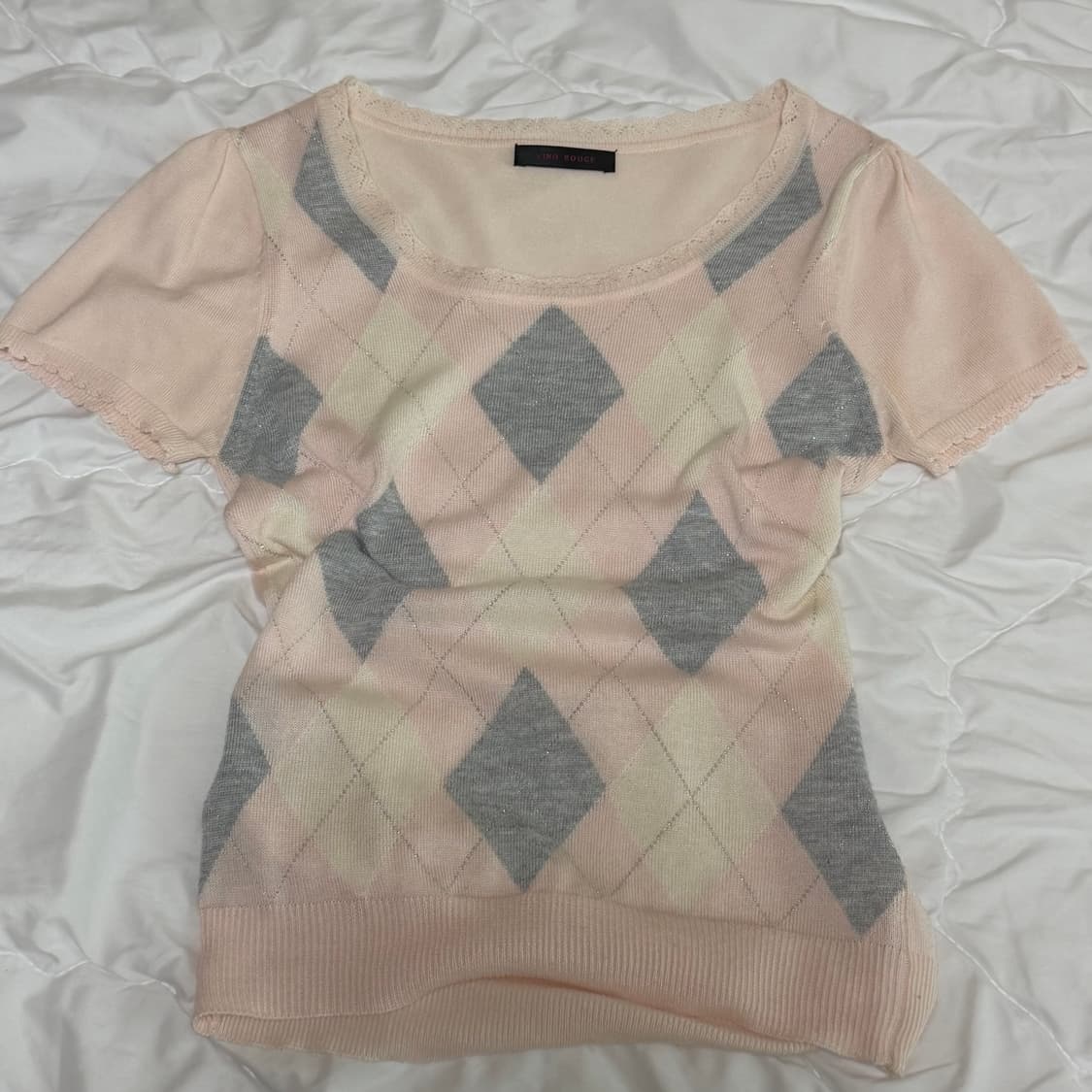 vino rouge 핑회 아가일 반팔 가디건 세트 상품이미지2