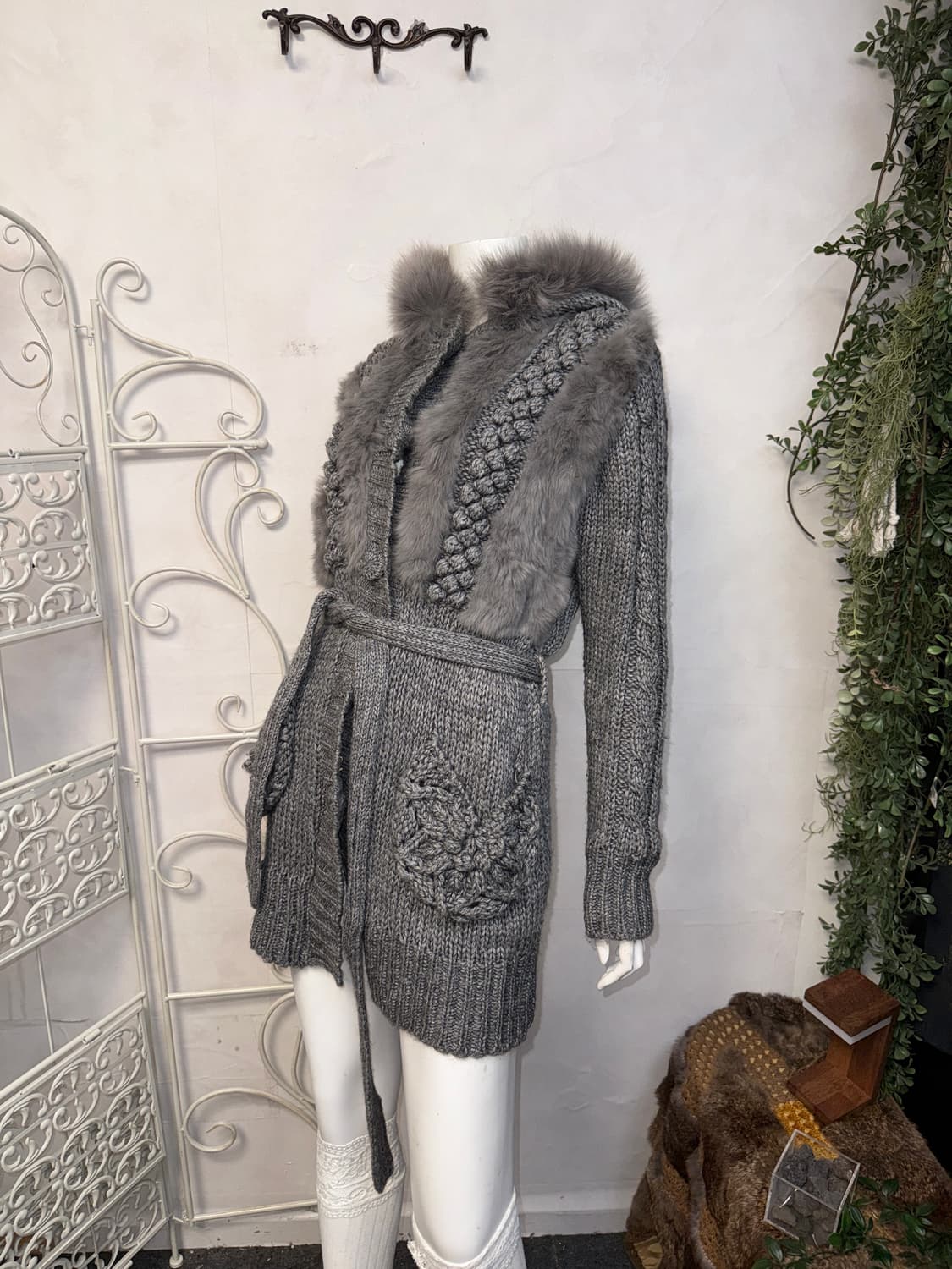 Gray rabbit fur hood coat ops 상품이미지5