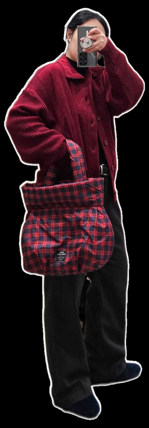 Japan 레드 네이비 체크 패딩 토트백 상품이미지9