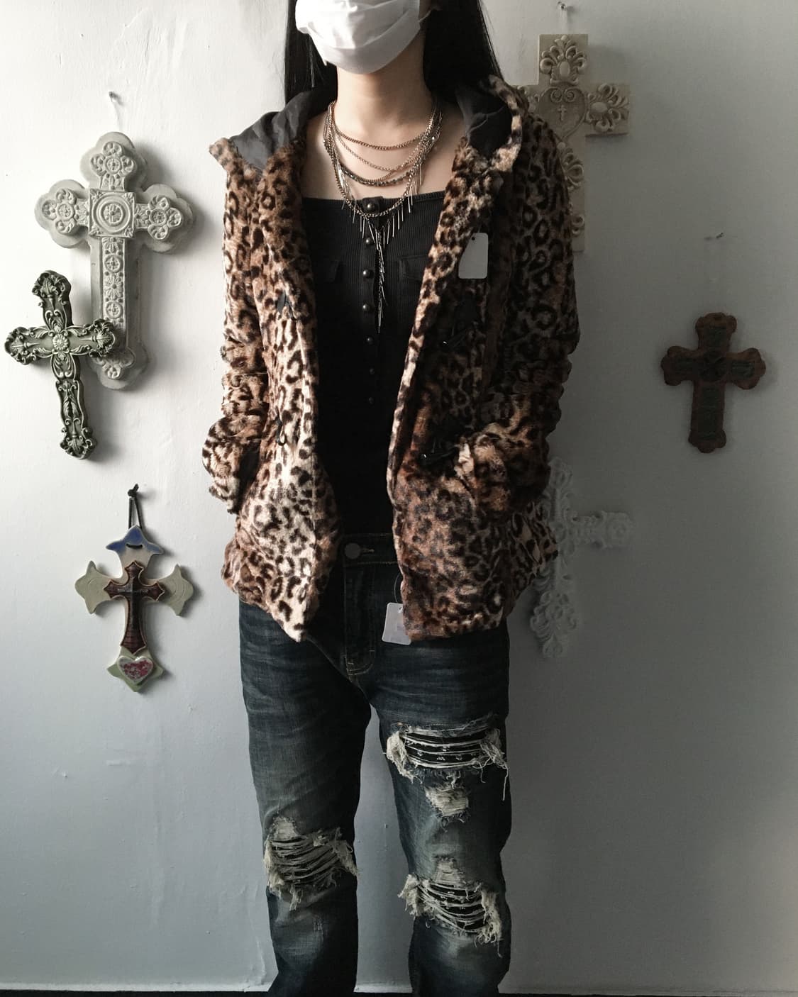 Fake fur leopard pattern duffle button h 상품이미지1