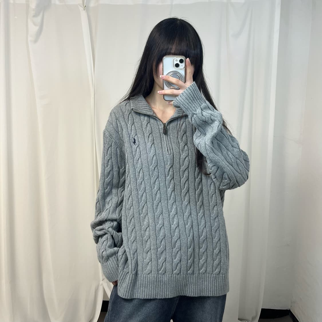 Polo grey cable half-zip knit 상품이미지1