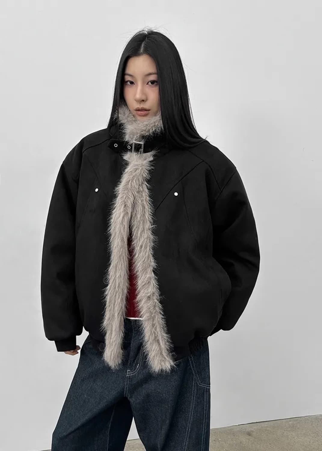 블랙업 퍼 패딩 무스탕 블랙 상품이미지2