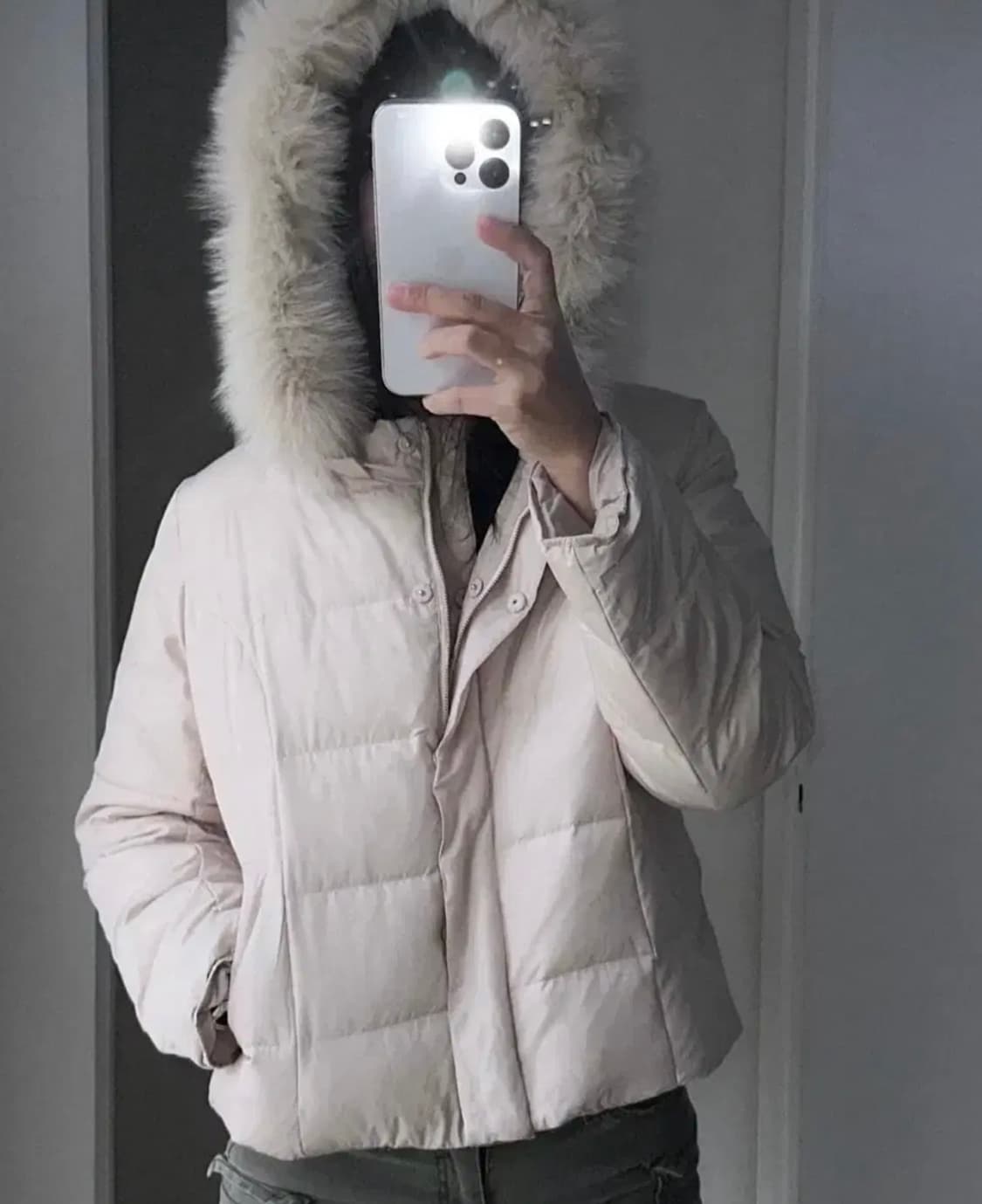 빈티지 핑크 베이지 퍼 후드 패딩 상품이미지1