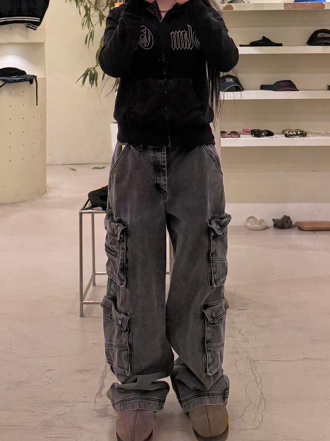 블랙업 멀티 포켓 흑청 와이드 데님 팬츠 U691 상품이미지1