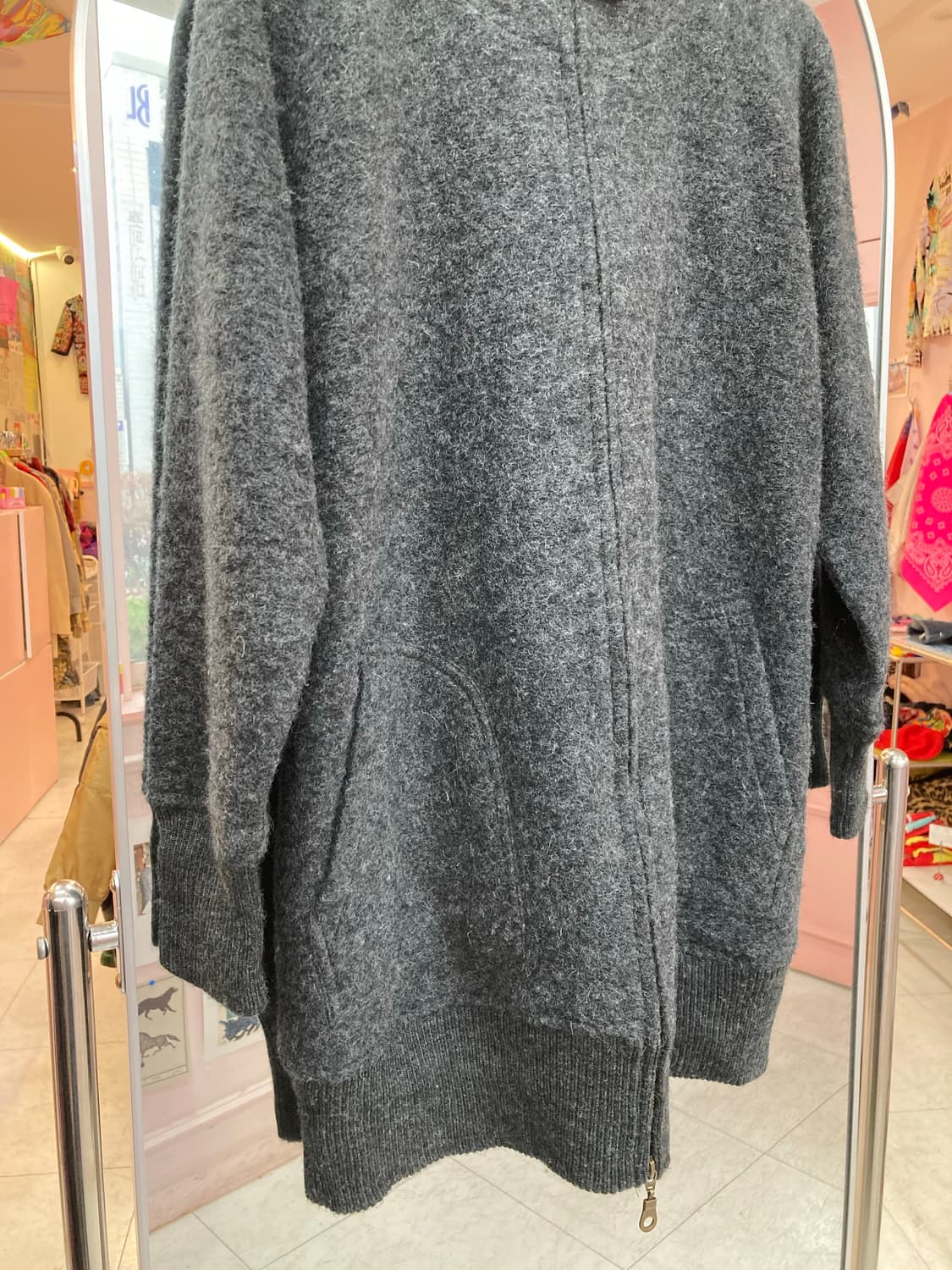 울 40% 그레이 단추 후드집업 상품이미지3