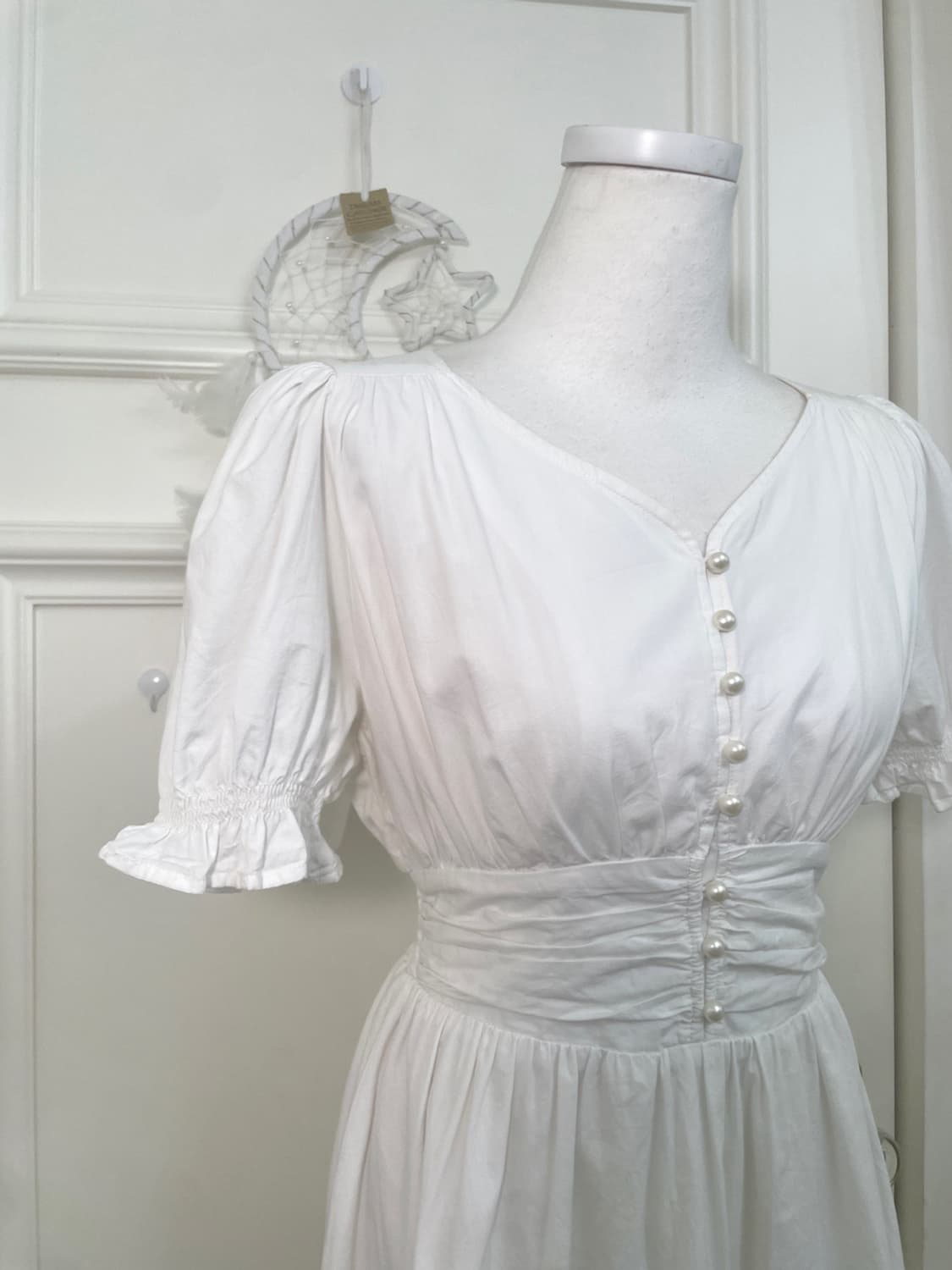 white waist shirring pearl button cotton 상품이미지4