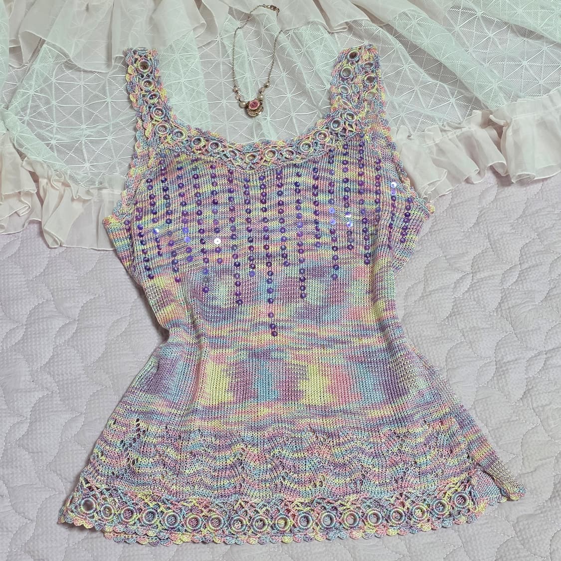 일본빈티지)페어리 레인보우 로맨틱 파스텔모리걸 갸루스팽클 니트슬리브리스 상품이미지1